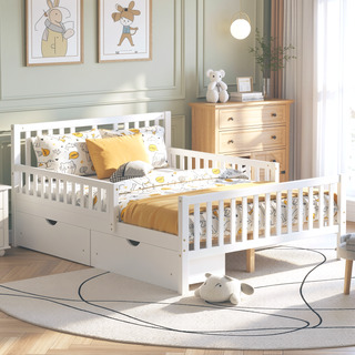Sunvega Twin Size Walnut Wood Platform Bed with Guardrails and Two Storage Drawers