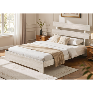 Sunvega Rustic Contemporary Platform Bed Frame with White Wash Finish and Slat Headboard
