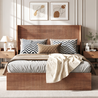 Sunvega Queen Wood Platform Bed Frame with Lift Storage and Chic Headboard