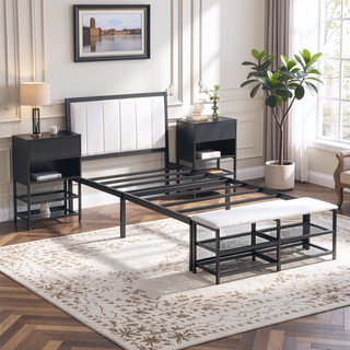 Sunvega Full Size Metal Platform Bed with Two Tier Storage Shelves and Wooden Cabinet