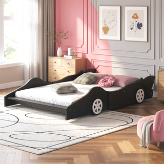 Sunvega Blue Twin Size Race Car-Shaped Platform Bed with Wheels for Kids