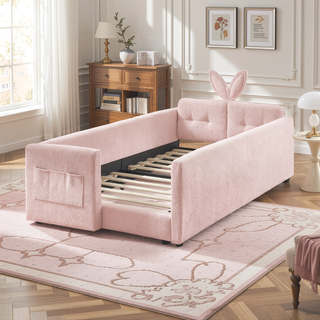 Sunvega Twin Size Upholstered Platform Bed with Cute Rabbit Ear Shaped Headboard