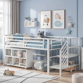Sunvega Low Twin Metal Loft Bed with Stairs and 6 Rolling Storage Cubbies for Kids