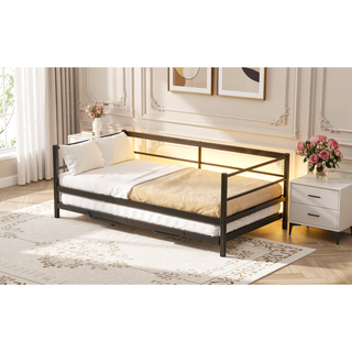 Sunvega Twin Size Metal Daybed with LED Light Strip and Adjustable Trundle