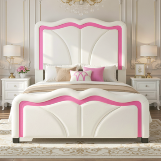 Sunvega Pink Twin Size Upholstered Bed with Height-Adjustable Headboard and LED Light Strips