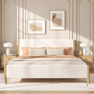 Sunvega Modern White Boucle Upholstered Bed with Rubberwood Legs for King Size