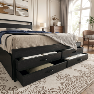 Sunvega Full Size Storage Bed Frame with LED Headboard Charging Station and 8 Drawers