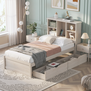 Sunvega Modern Twin Size Bed Frame With USB Port Bookcase Headboard and 2 Drawers