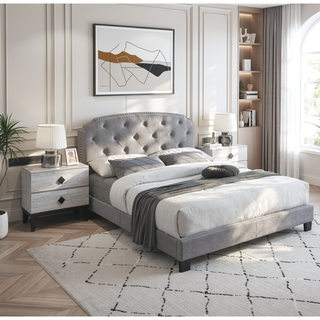 Sunvega Light Gray Burlap Button Tufted Headboard Queen Size Bed with Nailhead Trim