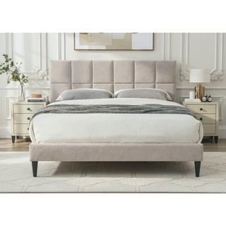 Sunvega Queen Upholstered Pleated Bed in a Box with Sturdy Dark Brown Frame