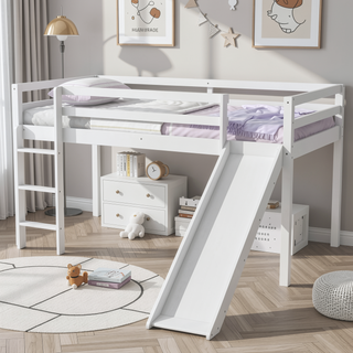 Sunvega Grey Twin Low Loft Bed with Slide, Ladder, and Safety Guardrails