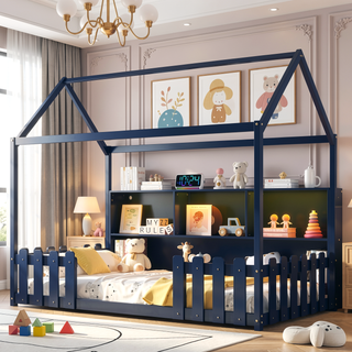Sunvega Twin House Bed with LED Light Storage Bookshelf Guardrails for Kids Navy Blue