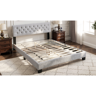 Sunvega Light Gray Wool Upholstered Queen Size Bed with Channel Tufting and LED Headboard