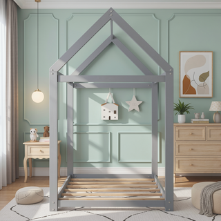 Sunvega Twin Size Gray Wooden House Bed with Eaves Design for Kids Room