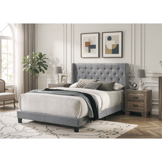 Sunvega Gray Polyester Fabric Wingback Bed with Button-tufted Details and Nailhead Trim