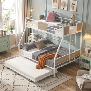 Sunvega Twin Over Full Metal Bunk Bed with Trundle and Guardrail for Bedroom