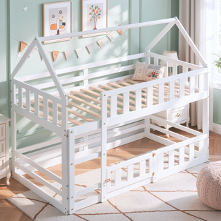 Sunvega Twin over Twin House Bunk Bed with Fence and Door in Gray