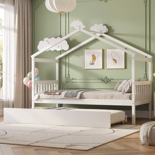 Sunvega Twin Size Wooden House Bed with Trundle and Headboard for Kids Room