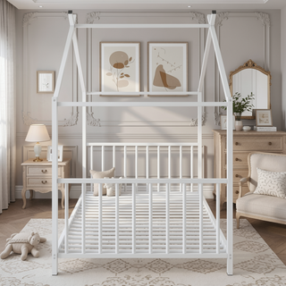 Sunvega Adorable Pink Twin Size Metal House Platform Bed Frame for Kids