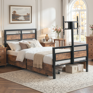 Sunvega Twin Size Metal Platform Bed with MDF Headboard and Two Storage Drawers