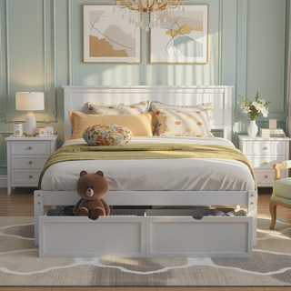 Sunvega White Full Size Pine Wood Platform Bed with Underbed Drawers