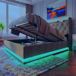 Sunvega Full Size Upholstered Bed with 360 LED Lighting Hydraulic Storage and USB Charging