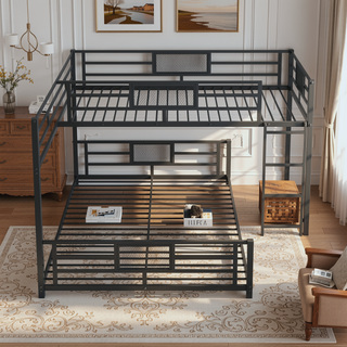 Sunvega L-Shaped Metal Twin Over Full Bunk Bed with Guard Rails
