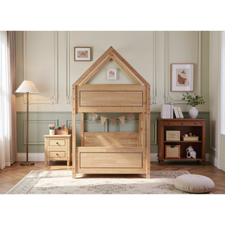 Sunvega Twin Over Twin Wooden House Bunk Bed with Headboards Footboards Guardrails Ladder