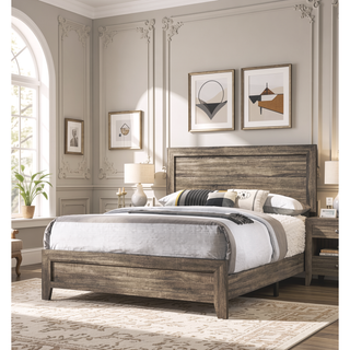 Sunvega Brown Cherry Finish Contemporary Fabric Panel Bed in One Box