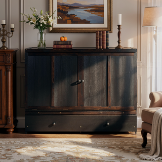 Sunvega Espresso Full Size Murphy Bed with USB Port and Large Drawer for Space Saving