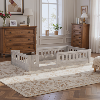 Sunvega Twin Size Wood Platform Bed with Guardrail and Sturdy Construction