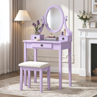 Sunvega Pink Wood Makeup Vanity Table and Stool Set with Mirror and Storage Drawers