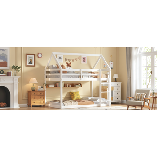 Sunvega Rubber Wood Twin over Twin Bunk Bed with Ladder and Guardrails