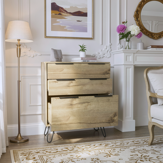 Sunvega Light Oak Dresser with Three Drawers and Hairpin Legs for Bedroom