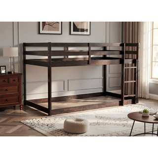 Sunvega Twin over Twin Floor Bunk Bed with Ladder and Strengthened Slats in Espresso