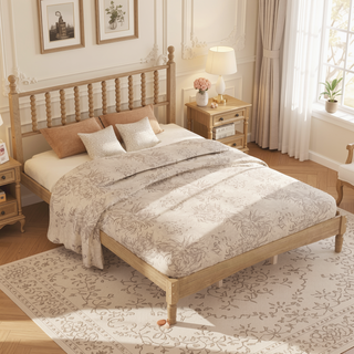 Sunvega Retro Style Queen Size Wood Platform Bed with Gourd Shaped Headboard and Slat Support