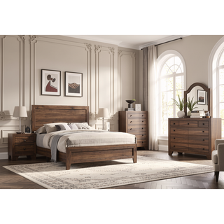 Sunvega Brown Cherry Finish Contemporary Fabric Panel Bed in One Box
