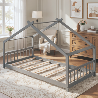 Sunvega Twin Size Gray Playhouse Design Wood Bed with Sturdy Pinewood Frame