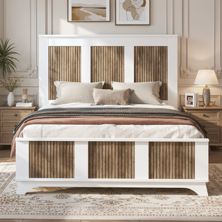 Sunvega White Farmhouse Queen Platform Bed with Wooden Strip Decoration and Plywood Slats