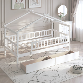 Sunvega Twin Size Wooden House Bed with Two Drawers and Headboard in White