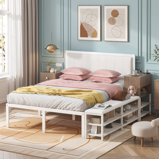 Sunvega Full Size Metal Platform Bed with Two Tier Storage Shelves and Wooden Cabinet