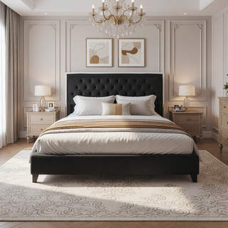 Sunvega Full Bed with Nailhead Trim and Solid Wood Legs in Modern Black Finish