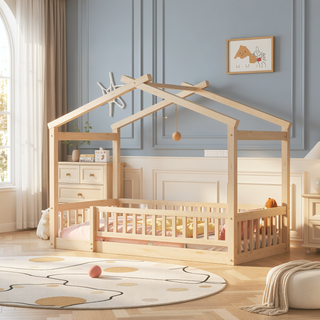 Sunvega Full Size House Bed Frame with Playhouse Fence and Roof for Kids