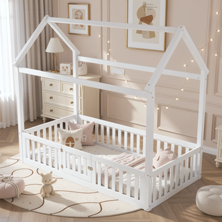 Sunvega Twin Size Wood House Bed with Fence Door and Distressed Washed Design
