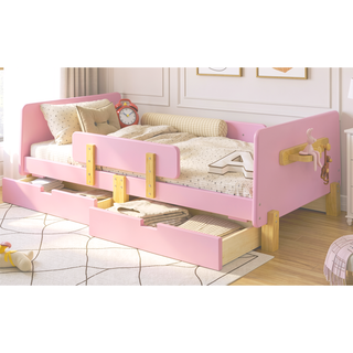 Sunvega Twin Size Solid Wood Platform Bed with Storage Drawers and Guardrail
