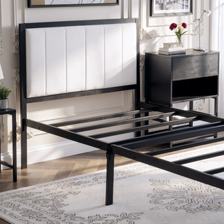 Sunvega Full Size Metal Platform Bed with Two Tier Storage Shelves and Wooden Cabinet