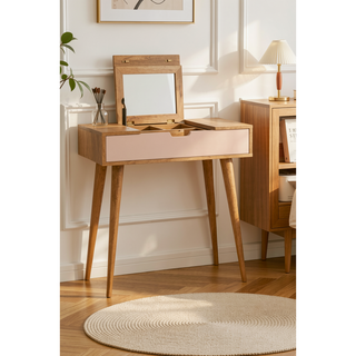 Sunvega Solid Mango Wood Dressing Table with Blush Pink Drawer and Foldable Mirror