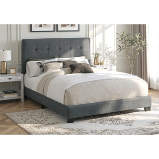 Sunvega Queen Size Upholstered Bed Frame with Button Tufted Headboard in Dark Grey Boucle