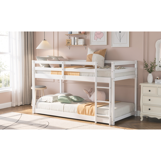 Sunvega Twin over Twin Floor Low Bunk Bed with Ladder for Kids Bedroom