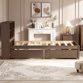 Sunvega Modern Twin Size Bed Frame With USB Port Bookcase Headboard and 2 Drawers